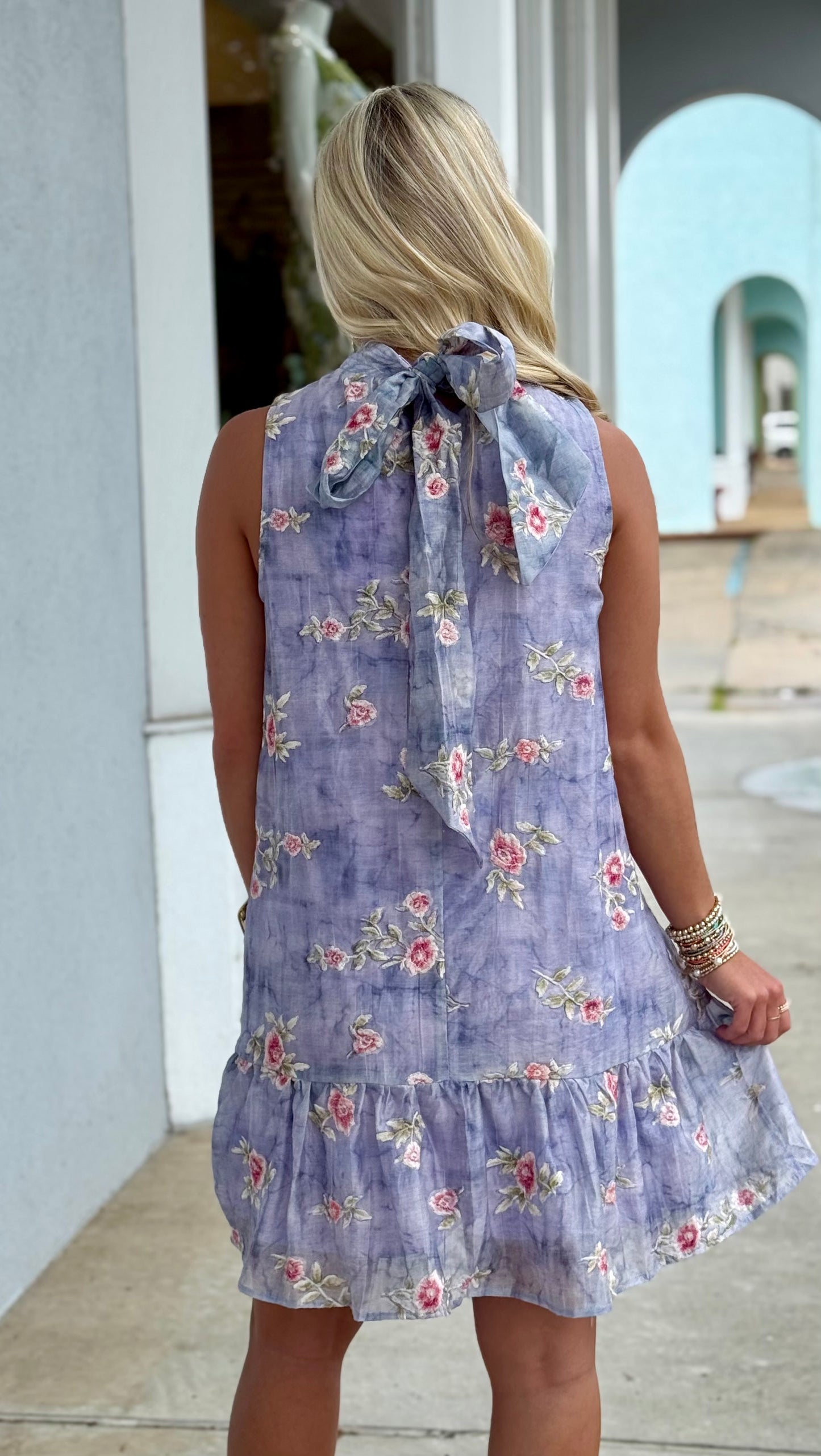 Lavender High Neckline Floral Dress