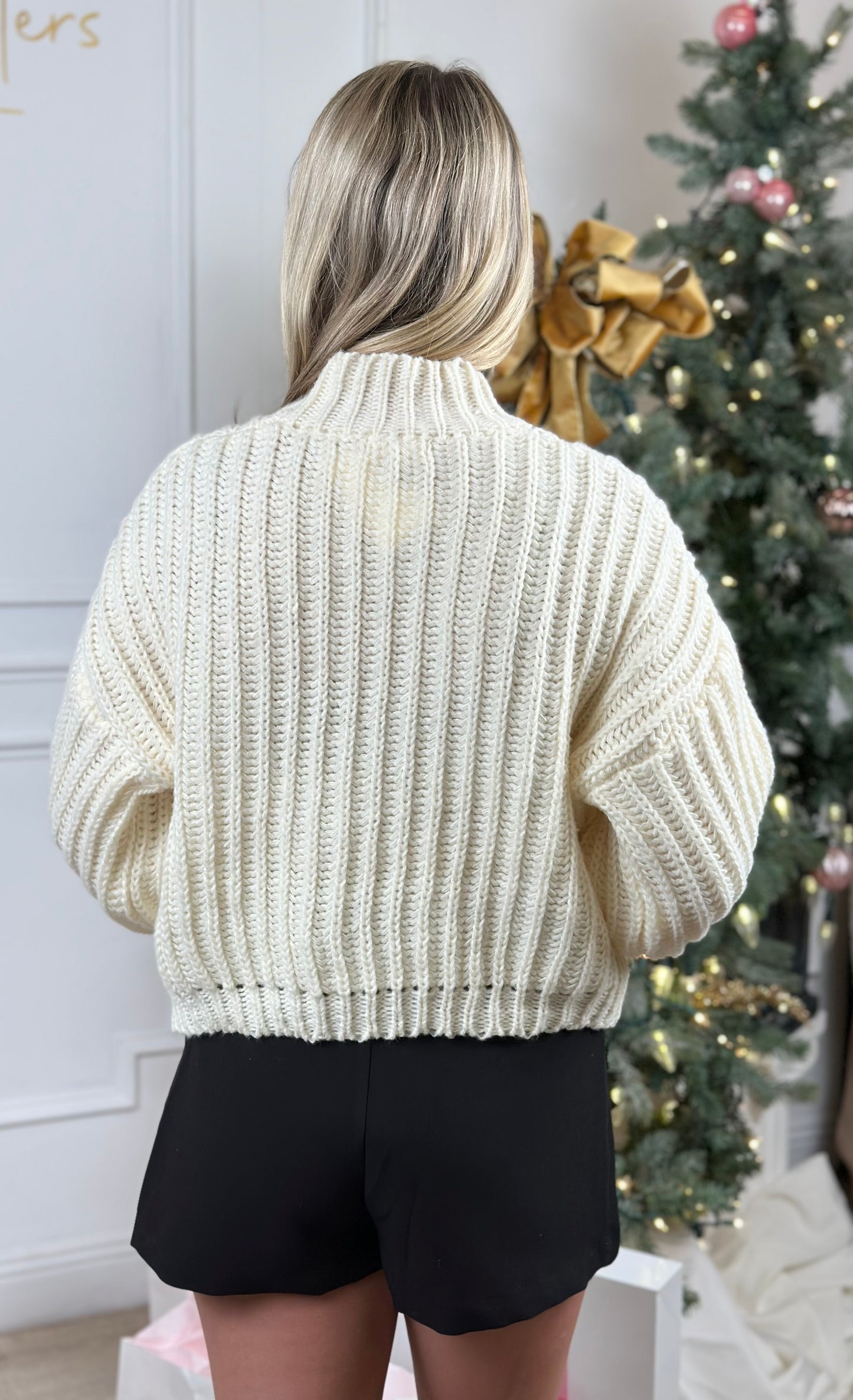 Solid Crew Neck Wide Sleeve Rib Knit Sweater, Cream
