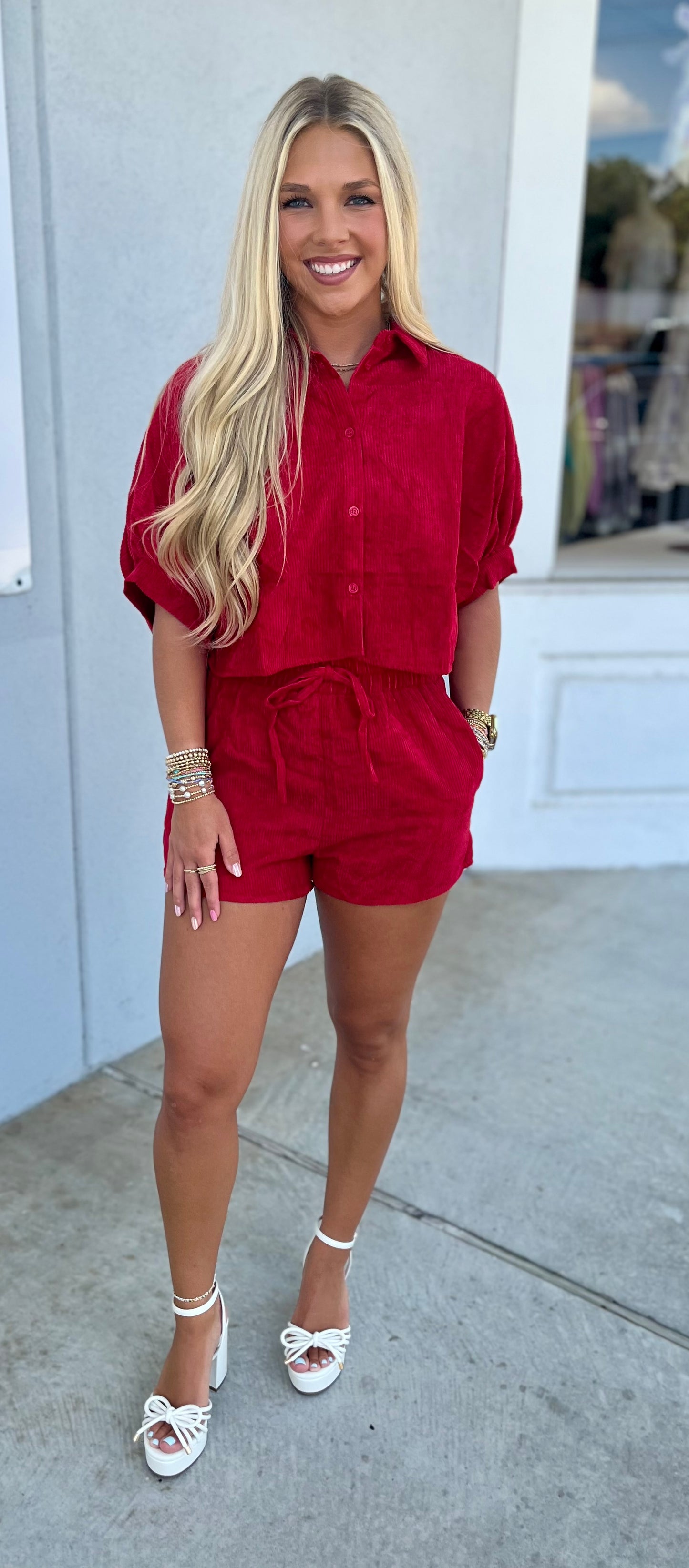 Red Corduroy Button Down Shirt With Shorts SET