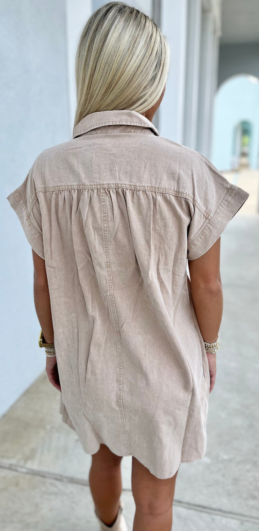 Ash Taupe Cotton Twill Mini Dress