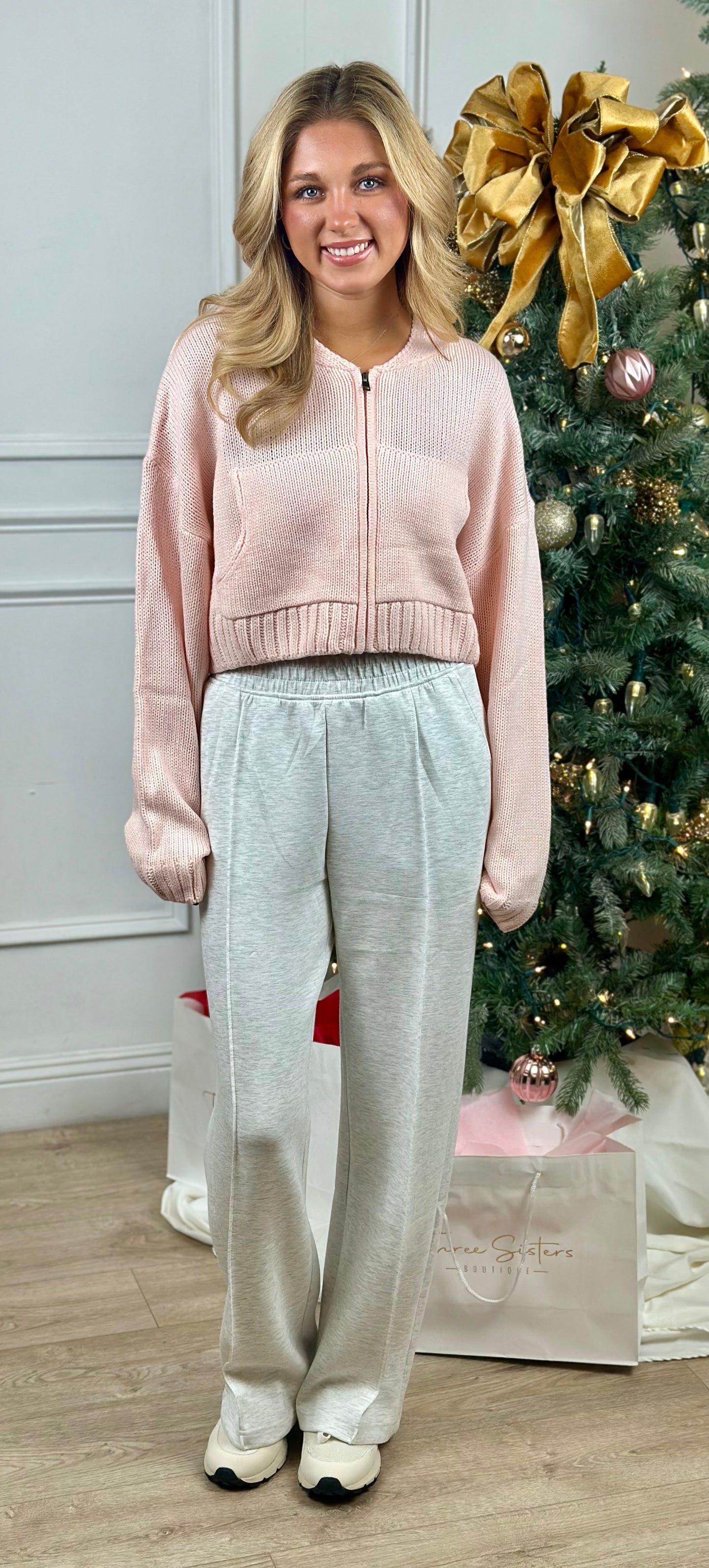 Knit Zip Up Hoodie Sweater, Pink