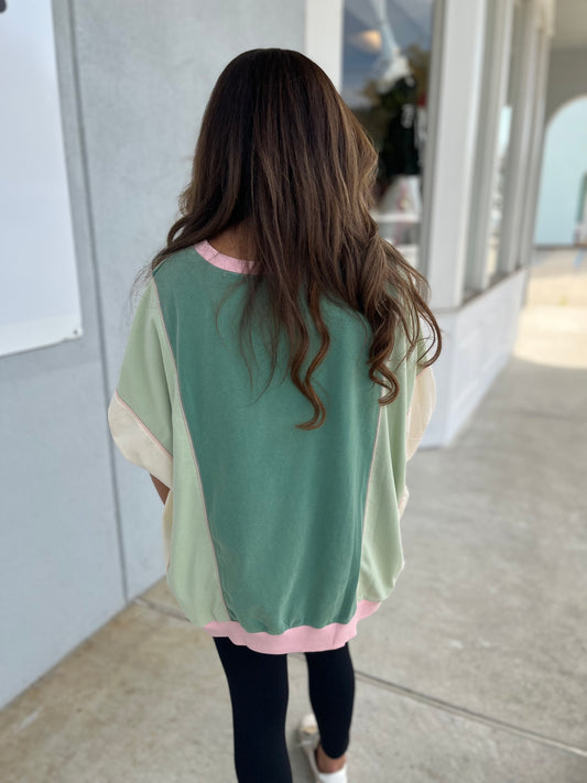 Short Sleeve Color Block Pullover , Sage