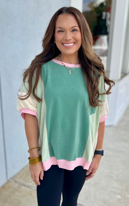 Short Sleeve Color Block Pullover , Sage