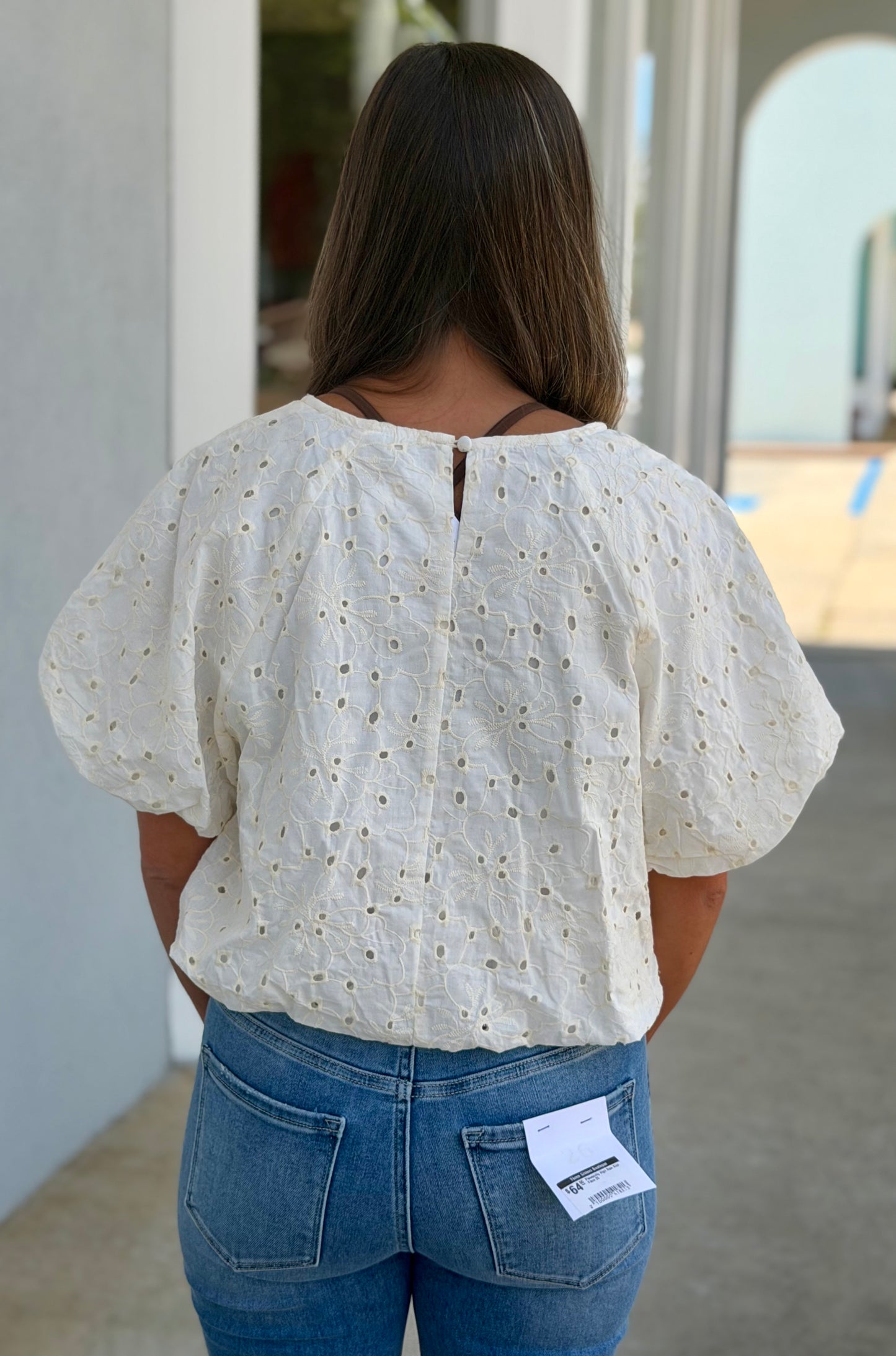 Cream Embroidered Eyelet Bubble Blouse