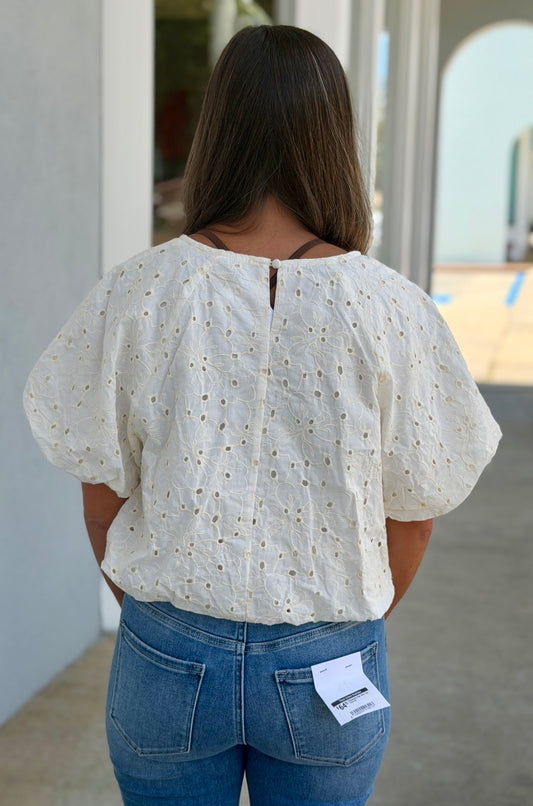 Cream Embroidered Eyelet Bubble Blouse
