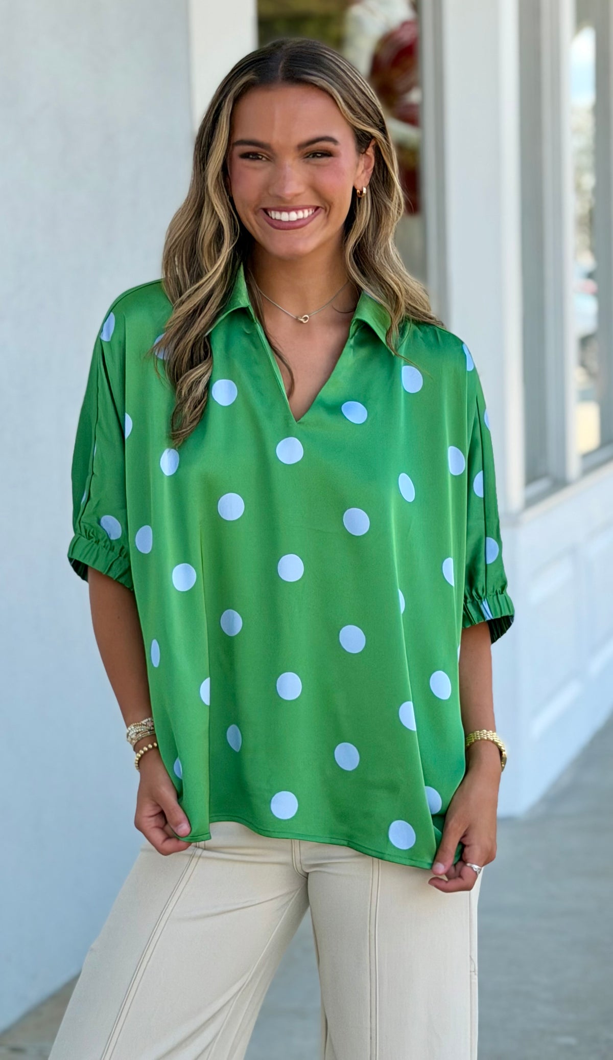 Green Polka Dot Satin Top