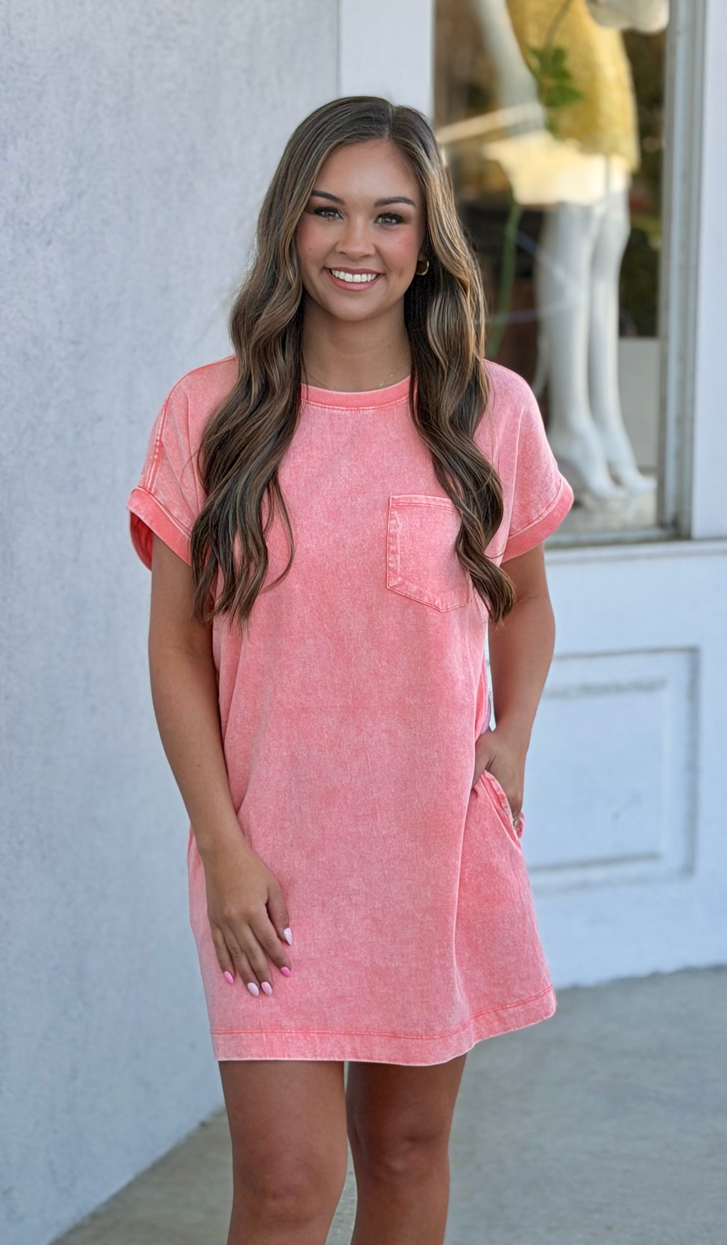 Cotton Washed T Shirt Dress, Coral