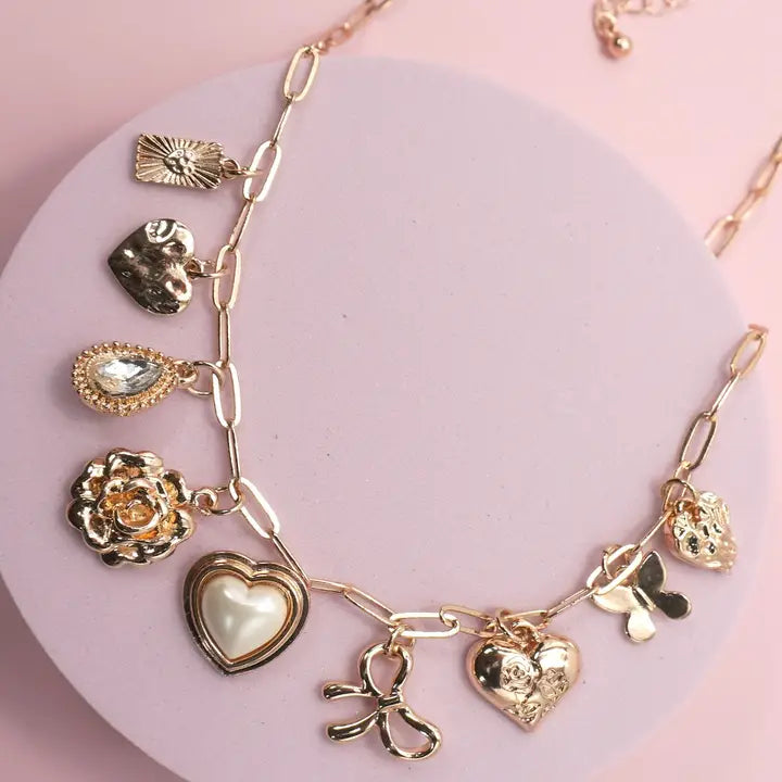 Bow Heart Rhinestone Layered Necklace