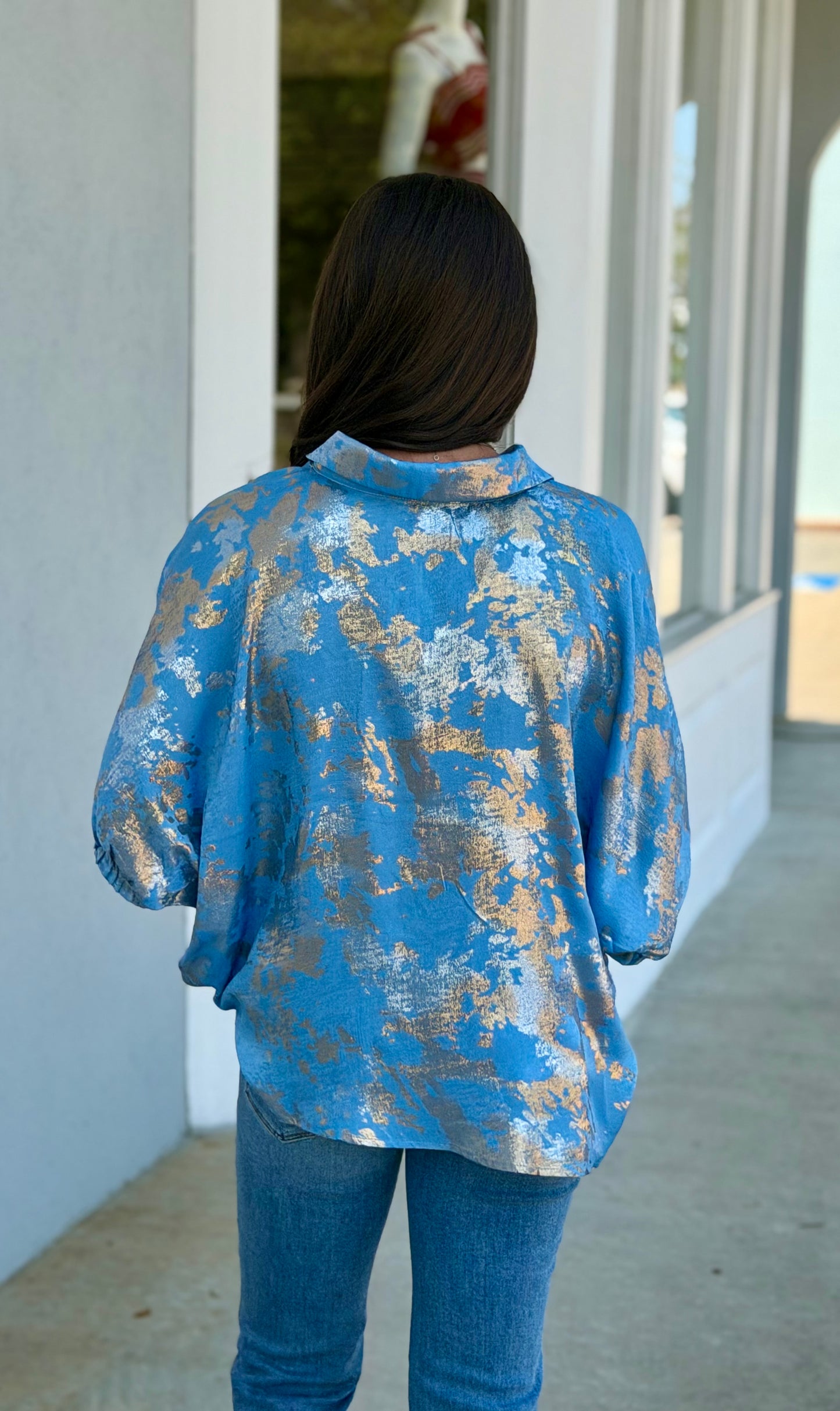 Dolman Sleeve Metallic Top, Blue