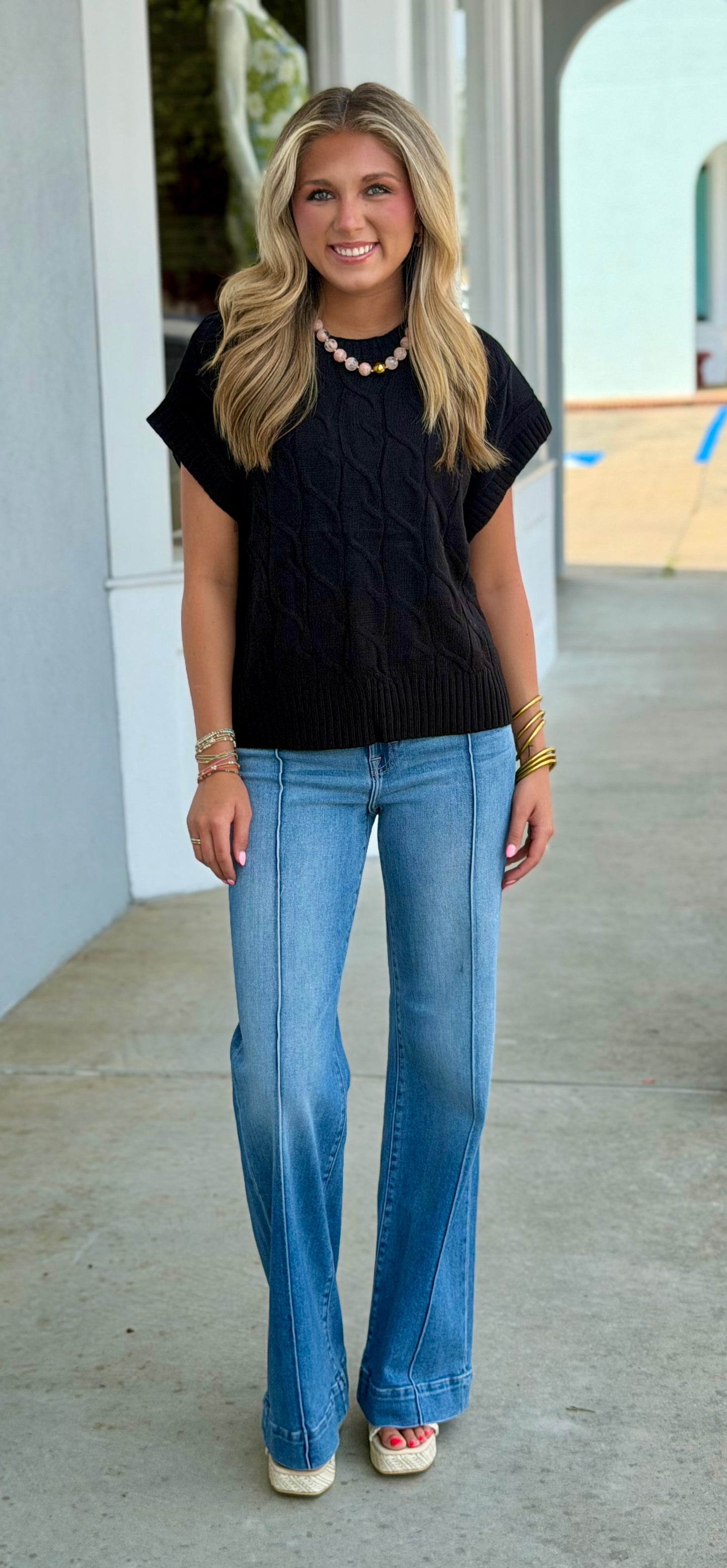 Cable Knit Cap Sleeve Sweater Top, Black