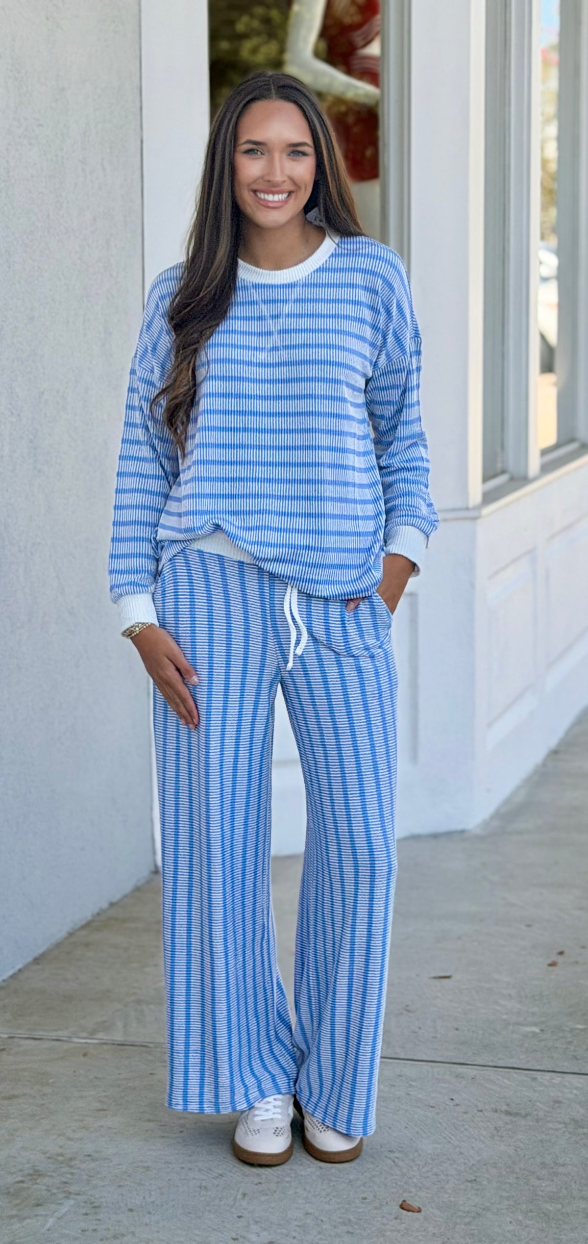 Raised Rib Striped Pullover & Pants SET, Cornflower Blue