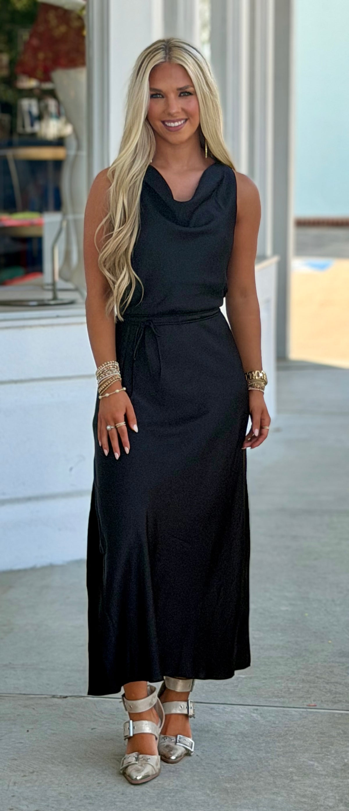 Cowl Neck W/Slit Satin Maxi Dress, Black