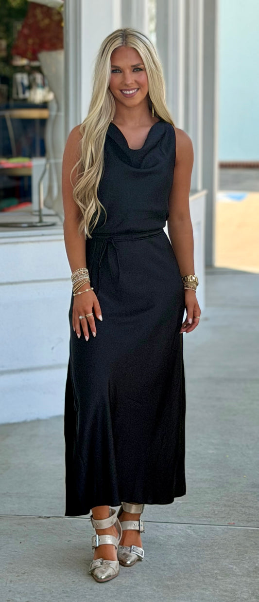 Cowl Neck W/Slit Satin Maxi Dress, Black