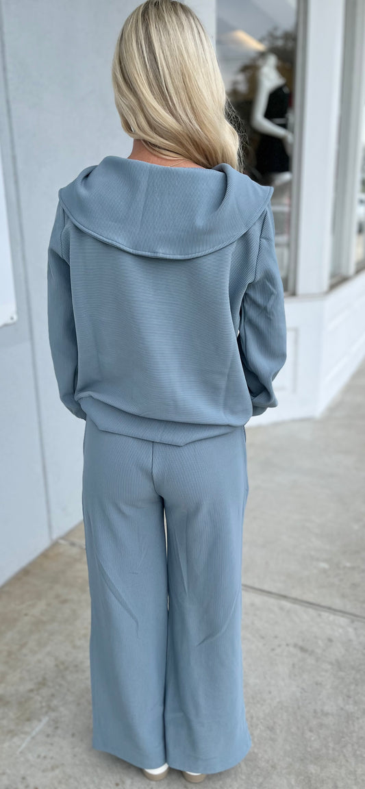 Ribbed High Neck Half Zip Top & Pants SET, Blue Grey