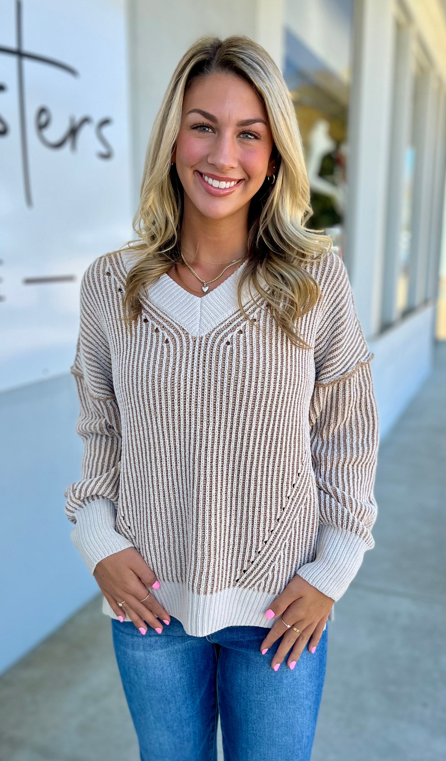 Oversized Two Tone Knit V Neck Sweater, Cream