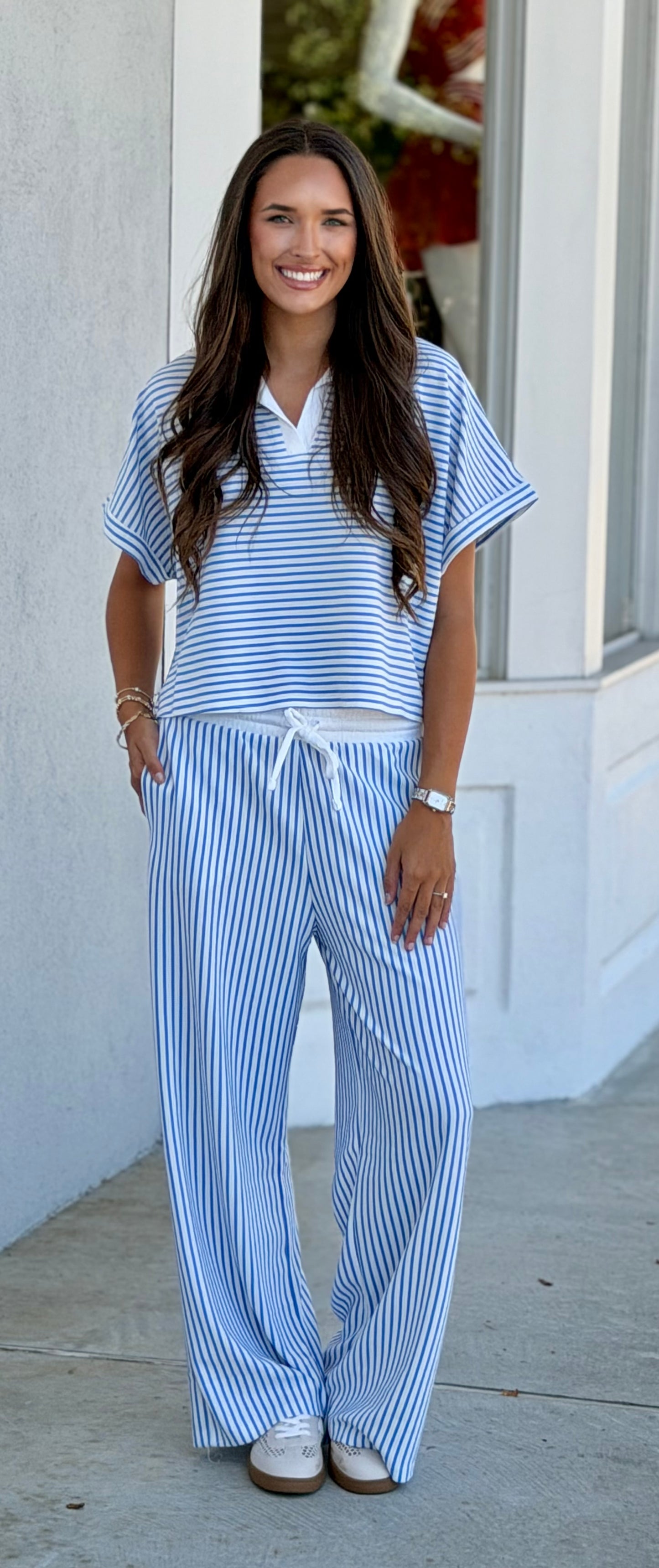 Striped Split Neck Collared Top & Pants SET, Cornflower Blue