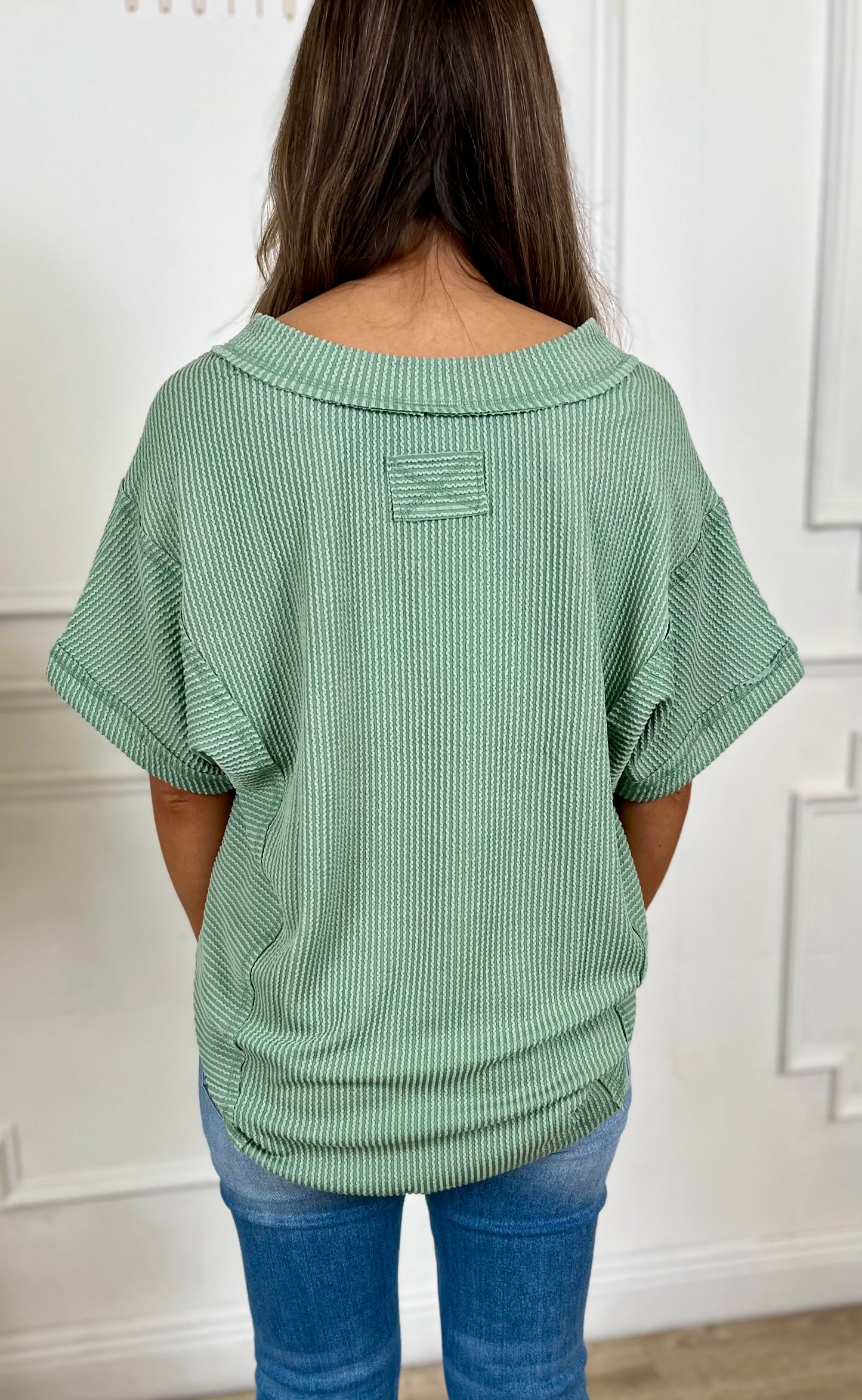 Ribbed V Neck Knit Tee, Sage