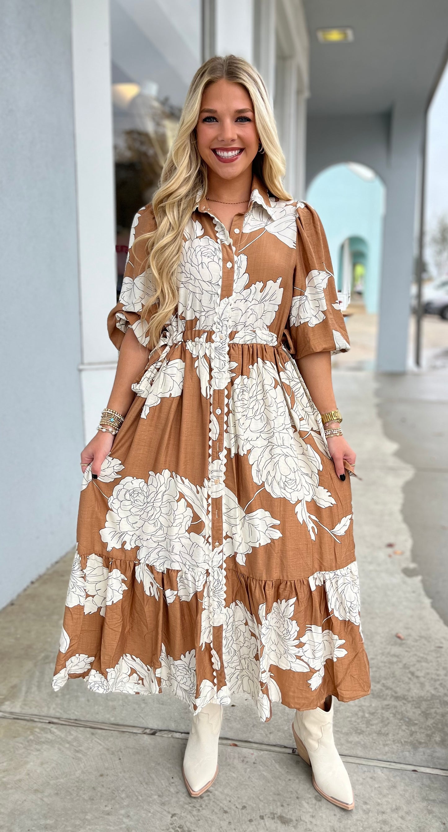 Camel Floral Print Midi Dress