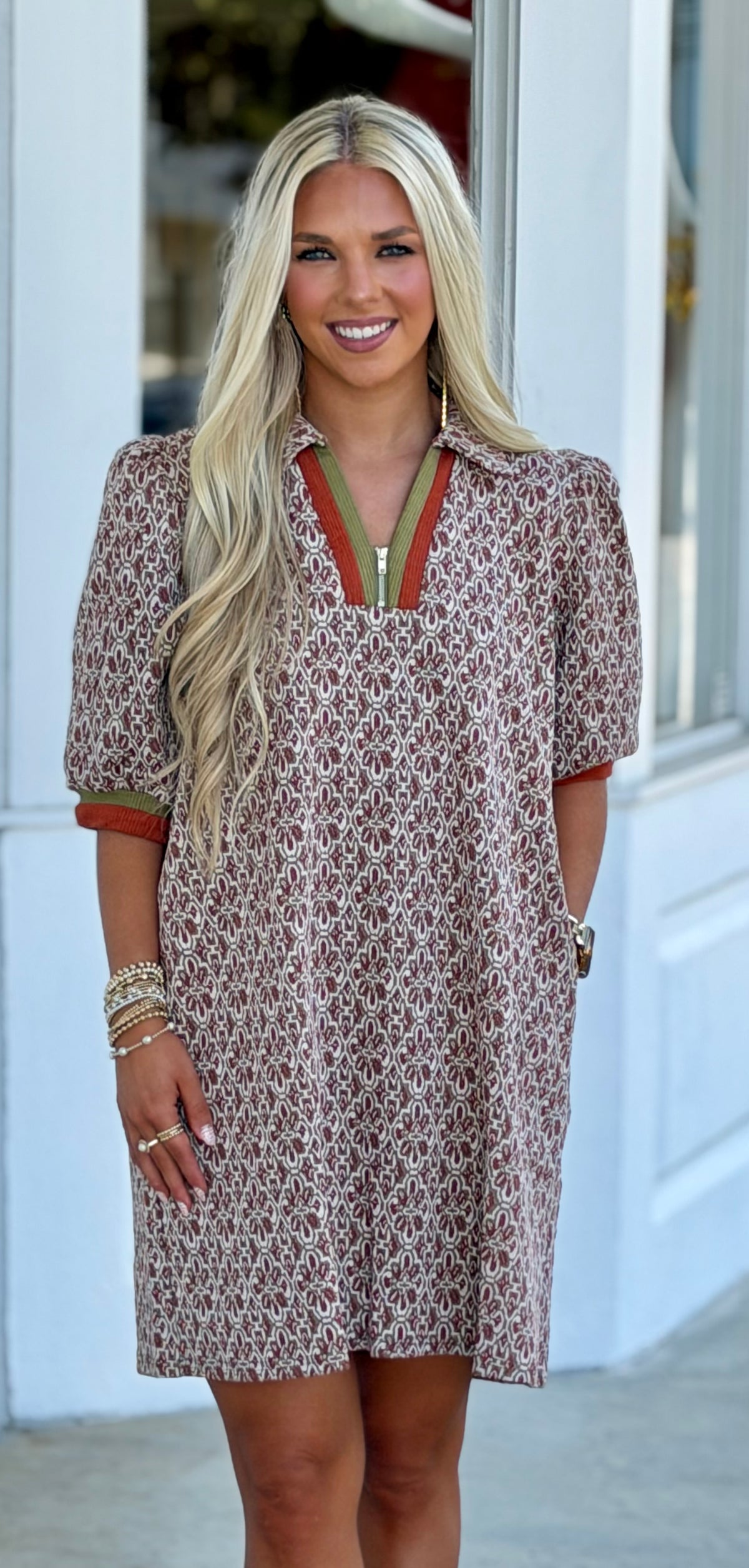 Chestnut Geometric Half-Zip Collared Shift Dress
