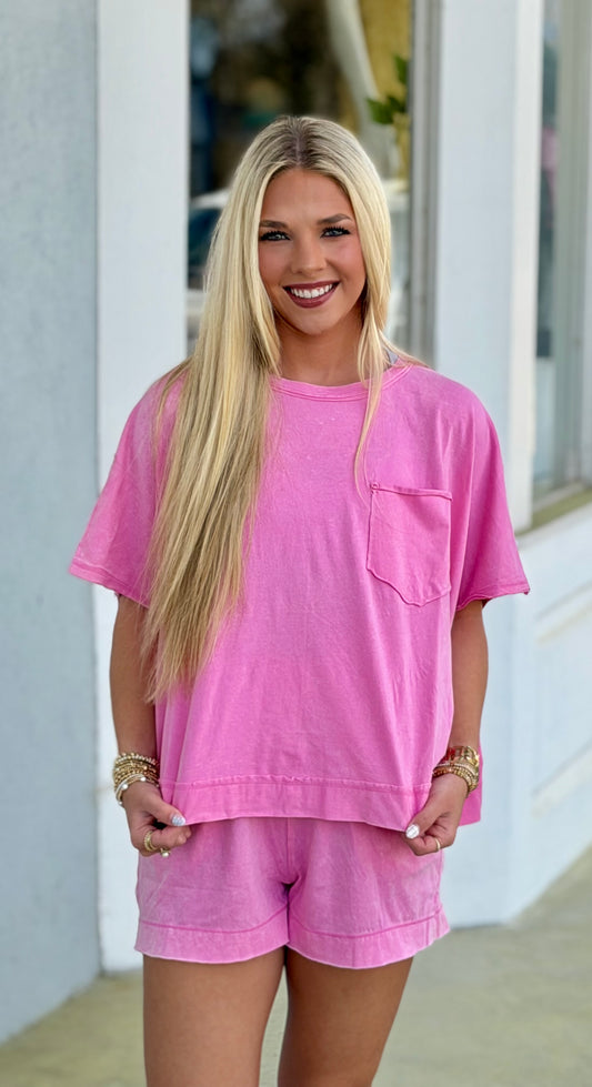 Acid Wash Top & Shorts SET, Candy Pink