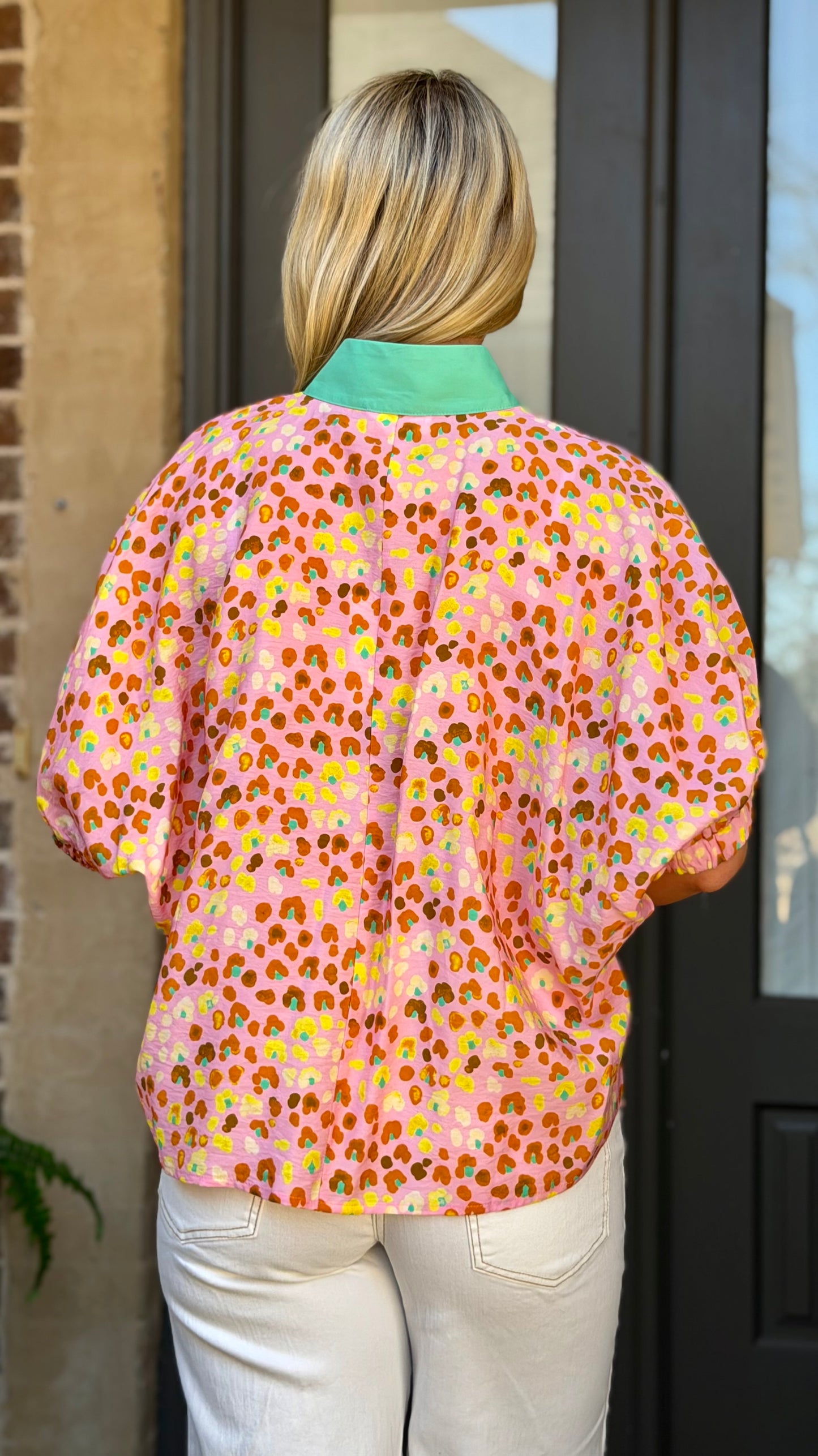 Blush Printed Contrast Trim V Neck Top