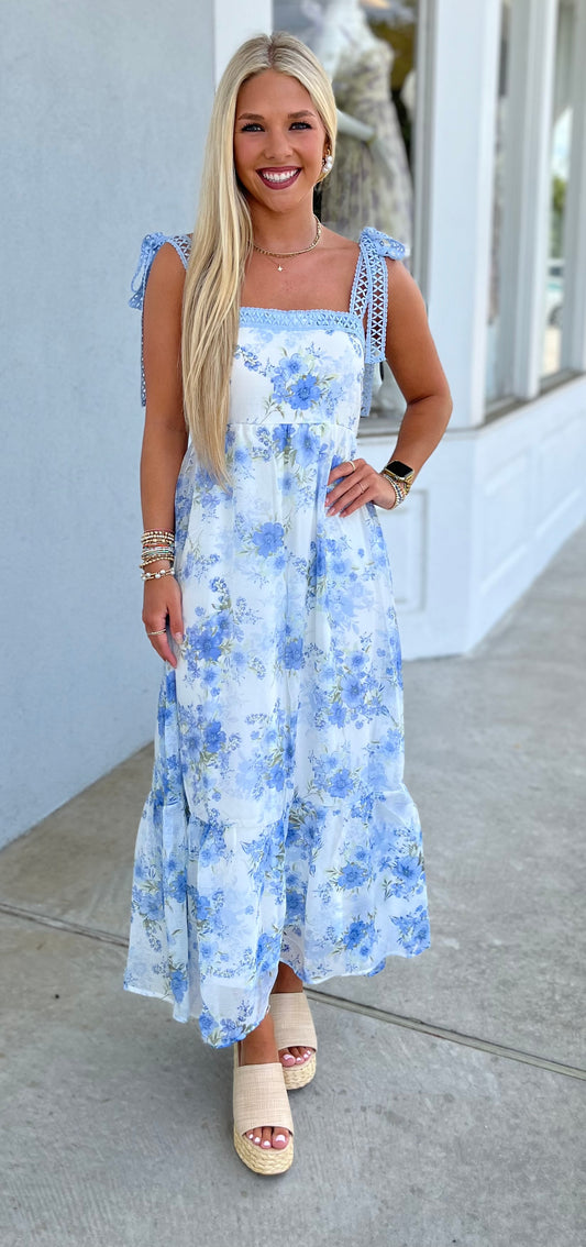 Front Tie Floral Gathered Waist Mini Dress, Blue