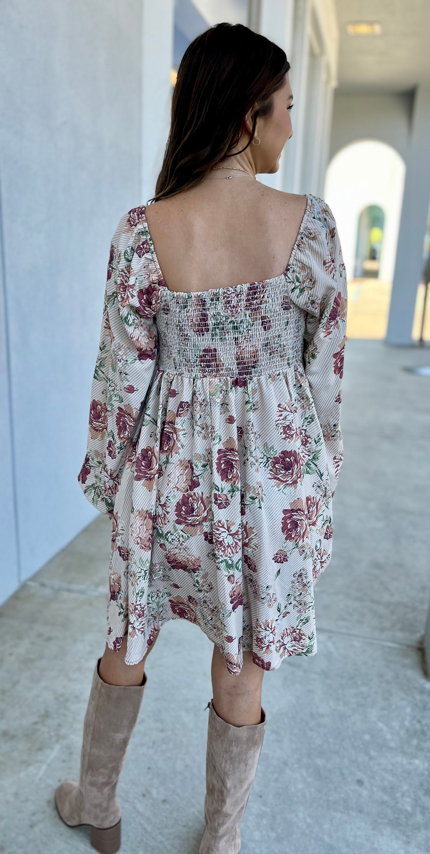 Taupe Vintage Floral Babydoll Dress