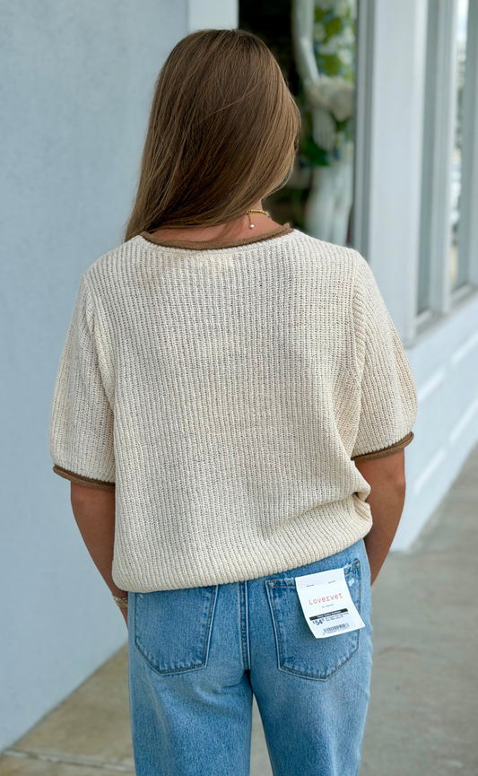 Oatmeal Puff Sleeve Raised Rib Knit Sweater