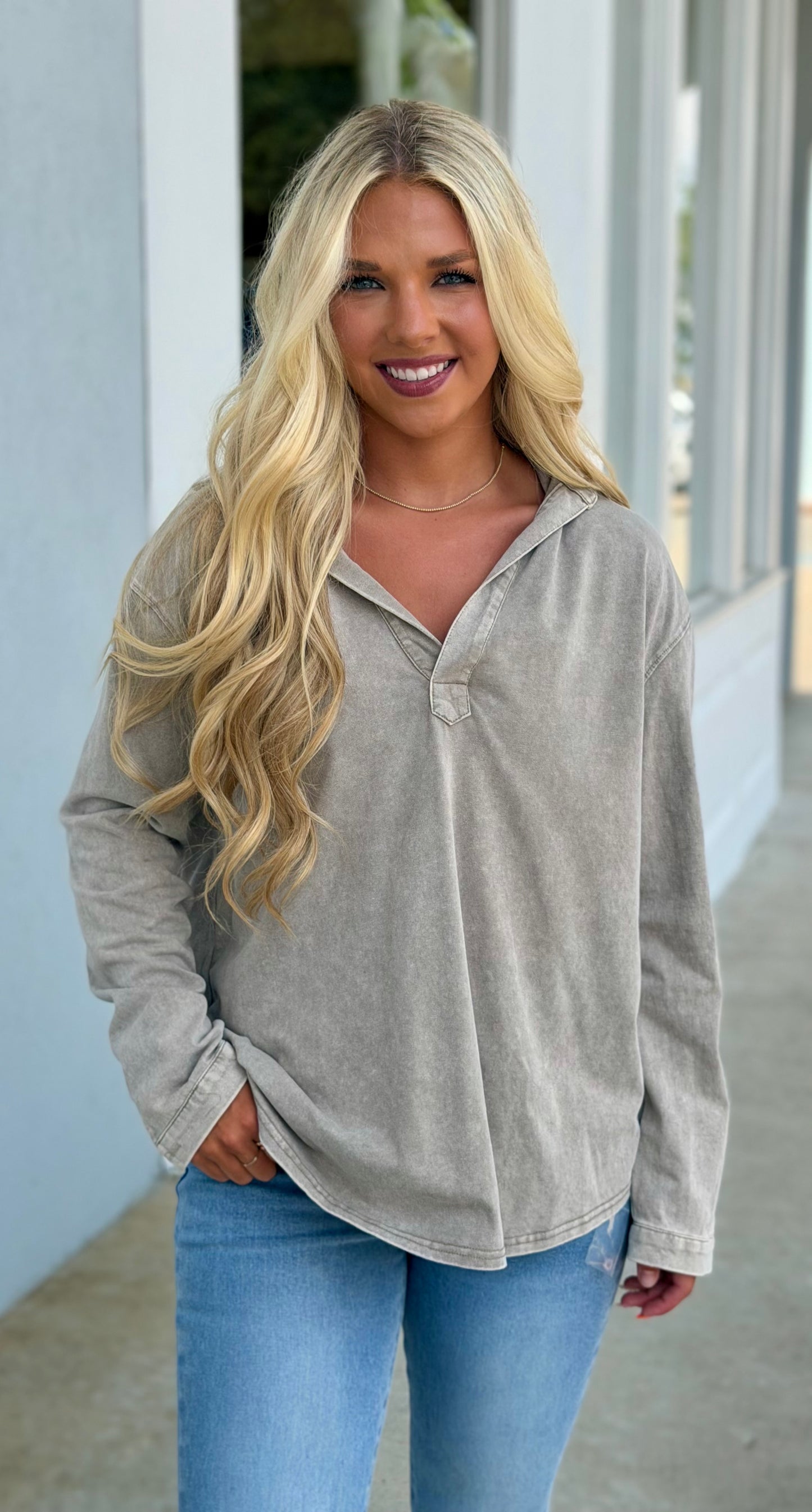 Mineral Washed Knit Collar Top, Grey