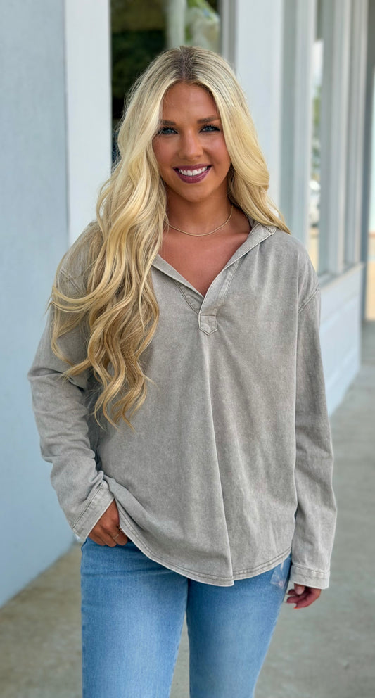 Mineral Washed Knit Collar Top, Grey