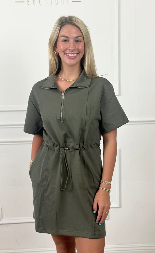 Olive Half Zip Drawstring Scuba Dress