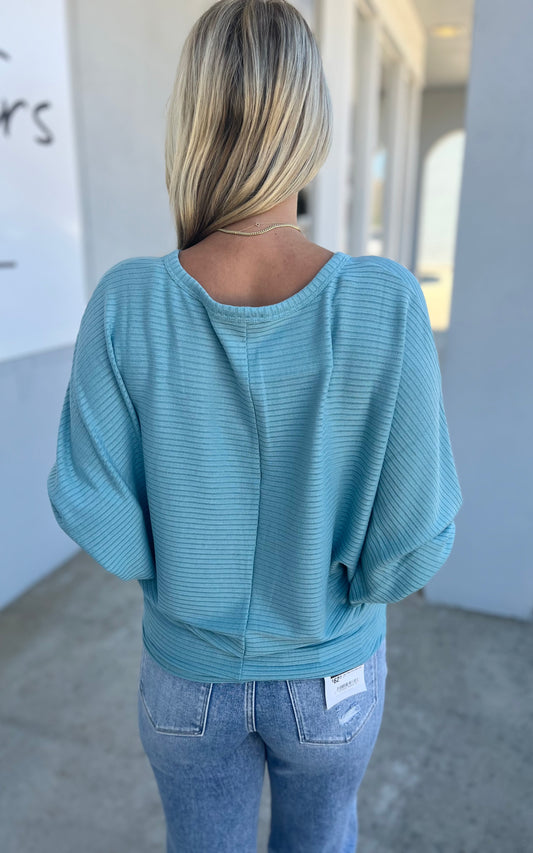 Ribbed Batwing Boat Neck Sweater, Dusty Teal