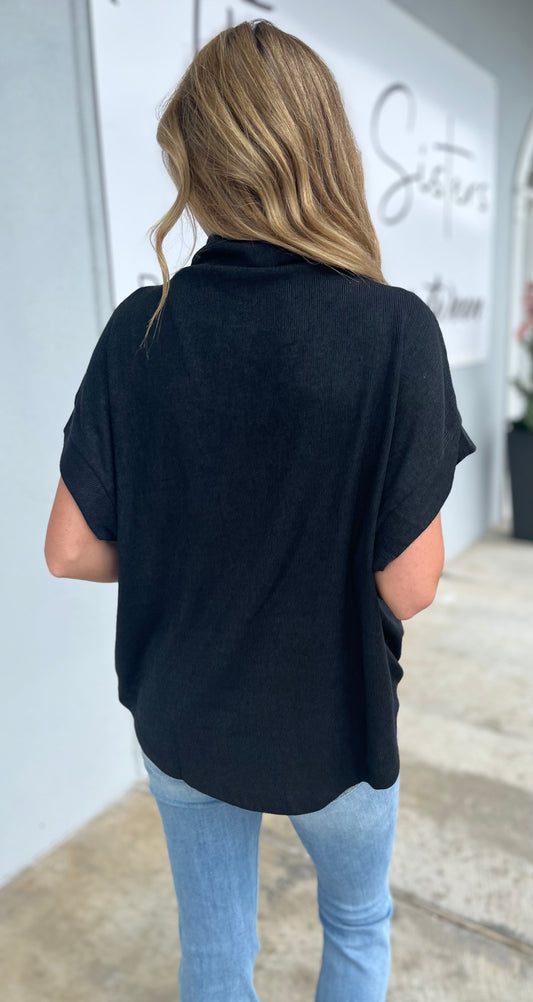 Short Sleeve Mock Neck Top With Rolled Cuffs, Black