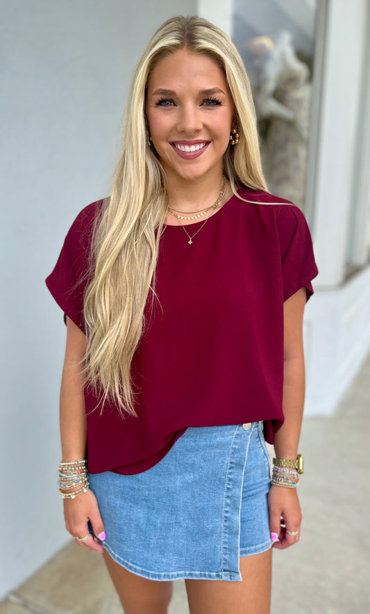 Short Sleeve Round Neck Top , Merlot