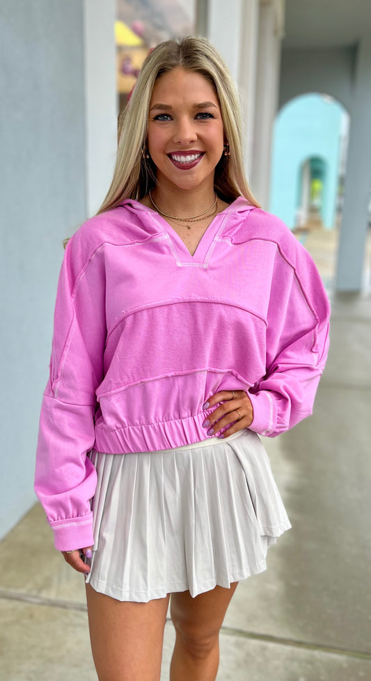 Pink French Terry Cut Edge Hooded Sweatshirt