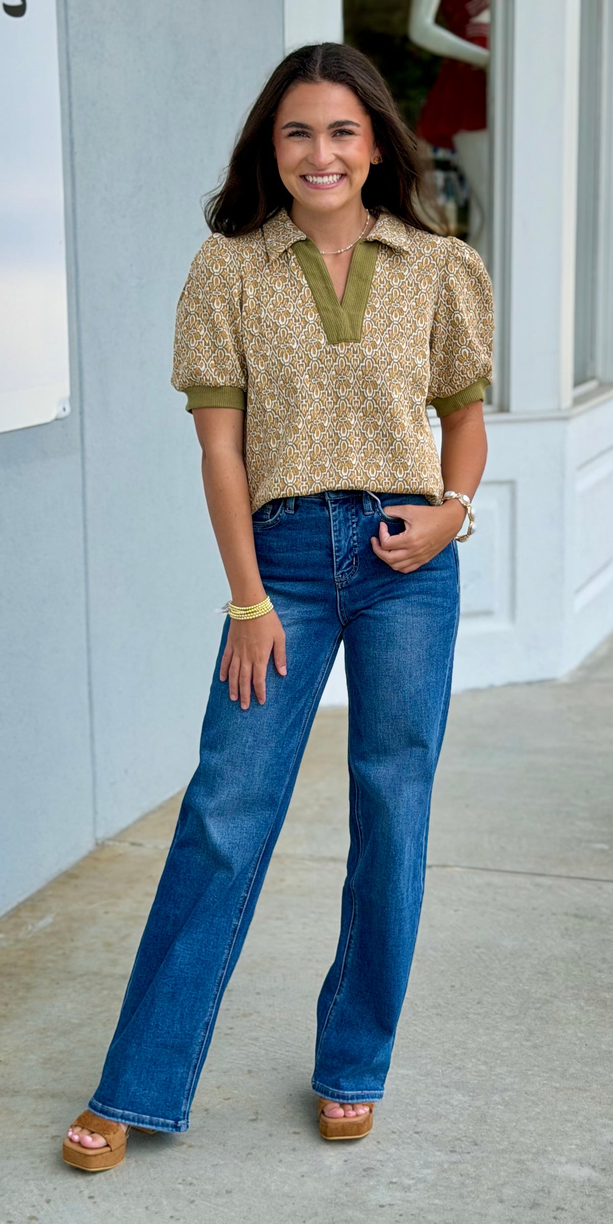 Mustard Puff Sleeve Color Block Top