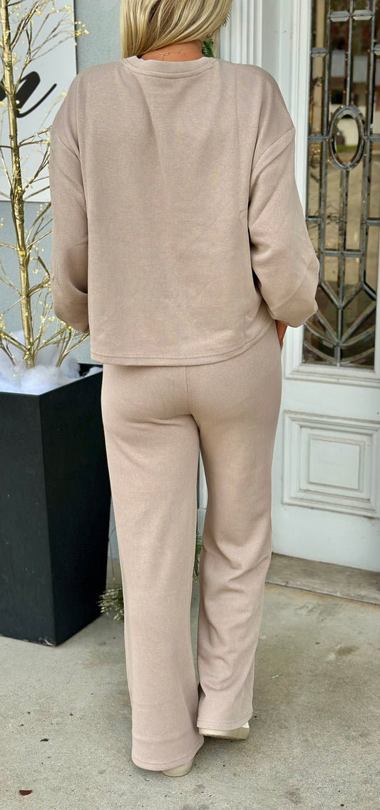 French Rib Pullover & Pants Set, Beige