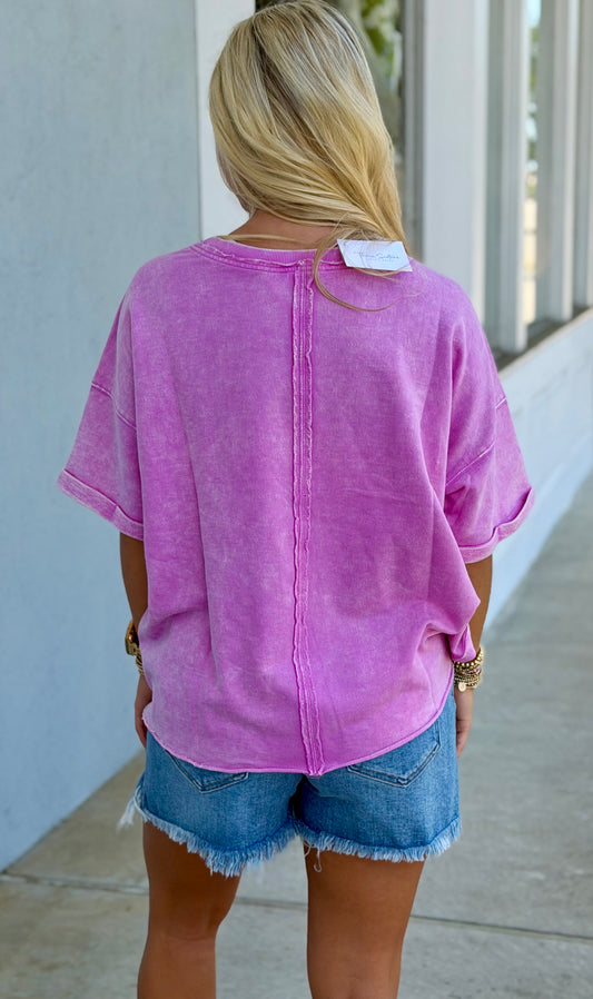 French Terry Acid Wash Tee, Bright Mauve