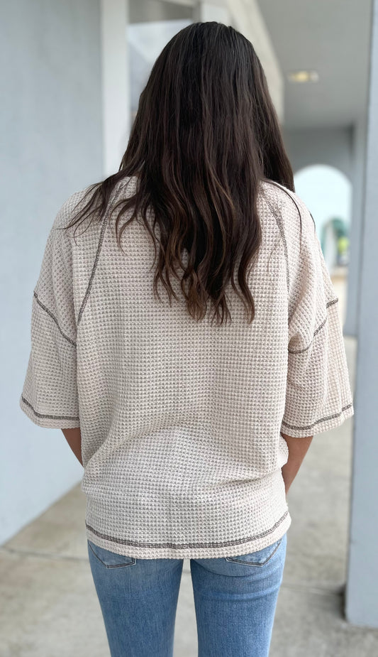 Oatmeal Waffle Knit Three Quarter Sleeve Top