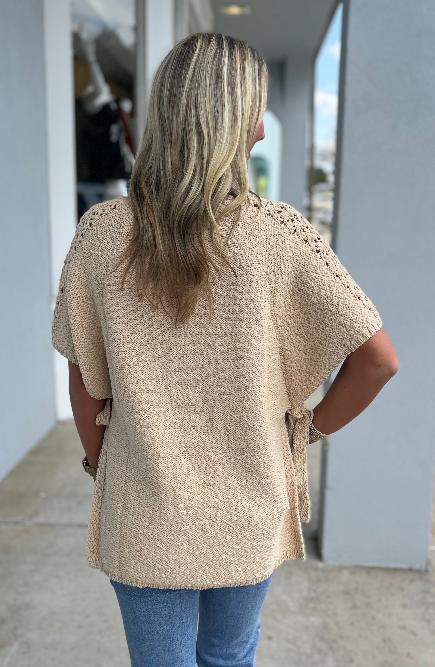 Half Sleeve Knitted Sweater , Natural