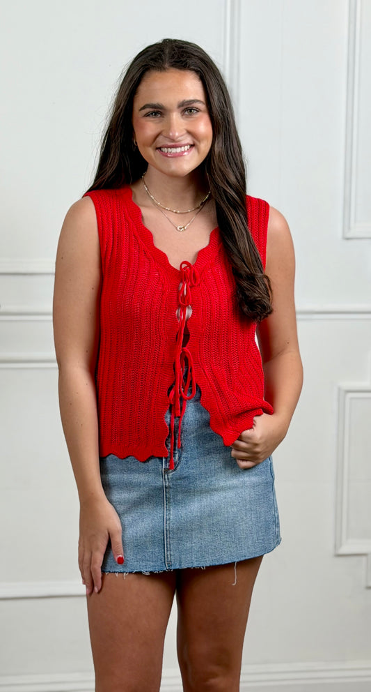 Sleeveless Scallop Front Tie Sweater, Red