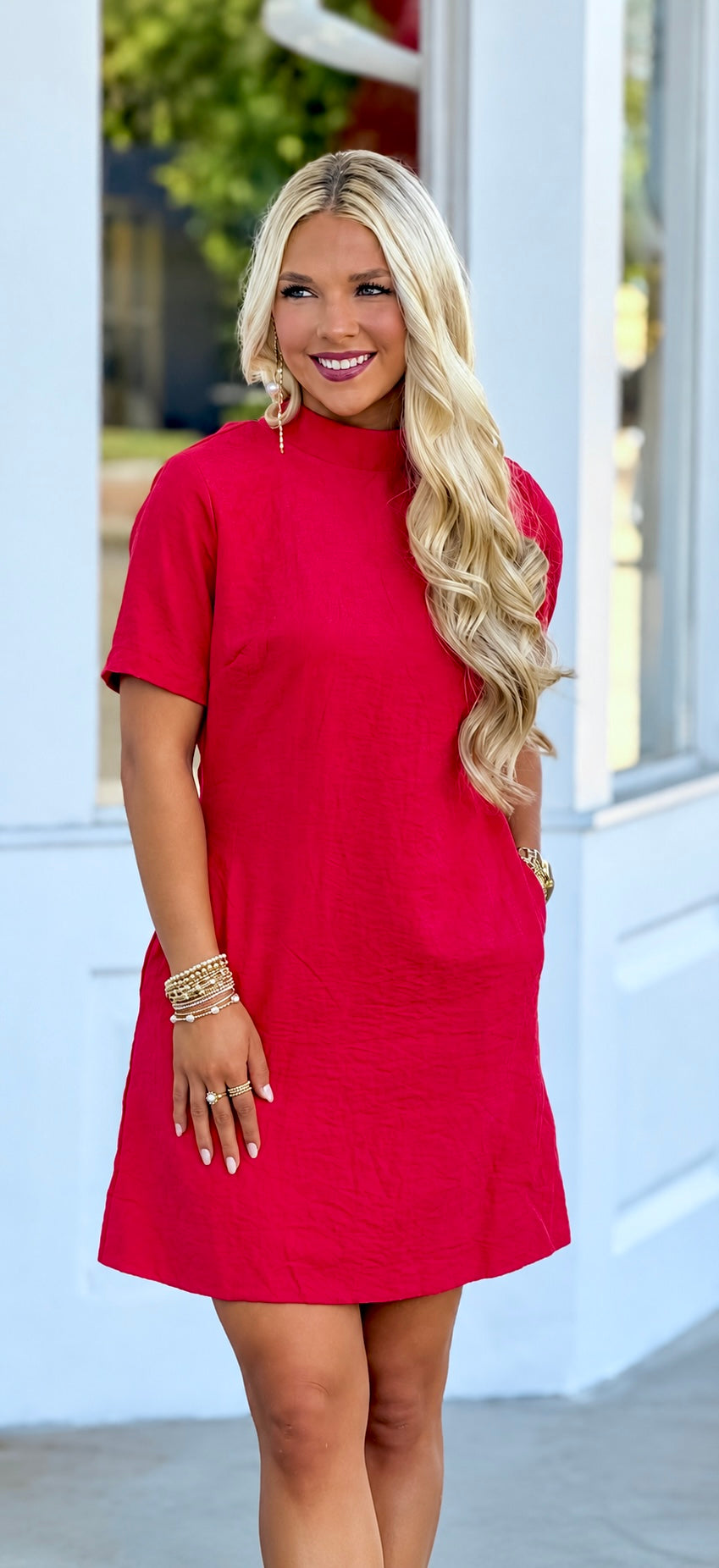 Red Mock Neck Bow Back Shift Mini Dress