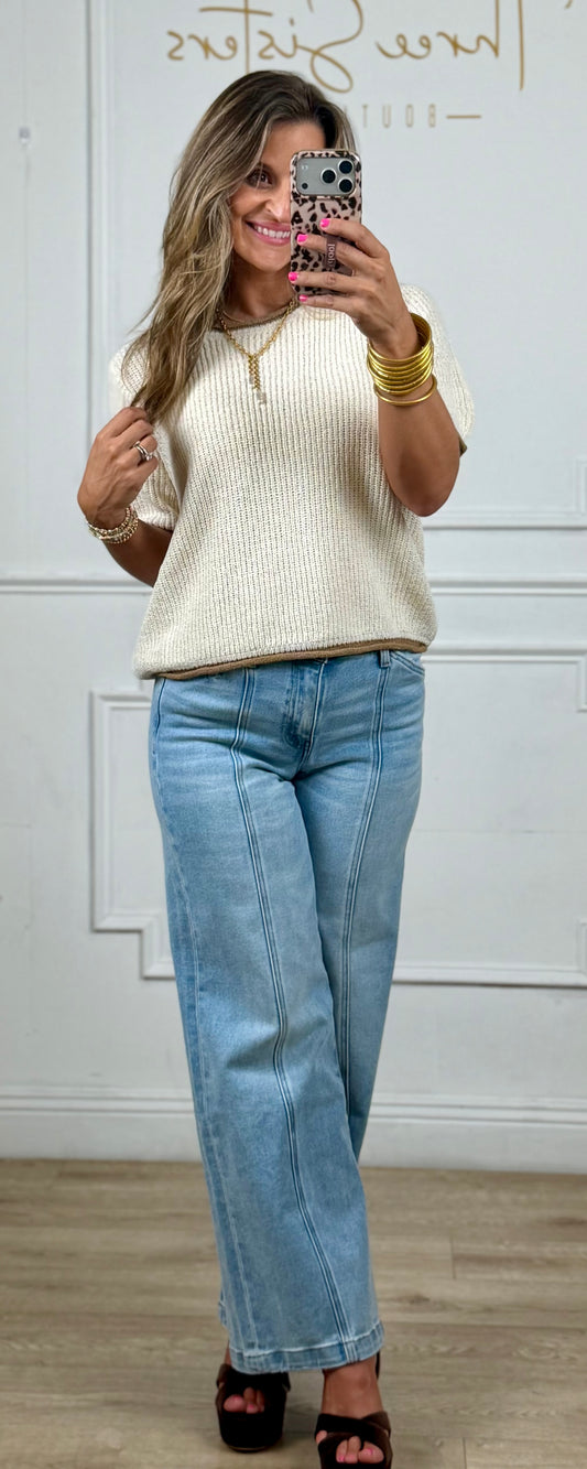 Oatmeal Puff Sleeve Raised Rib Knit Sweater