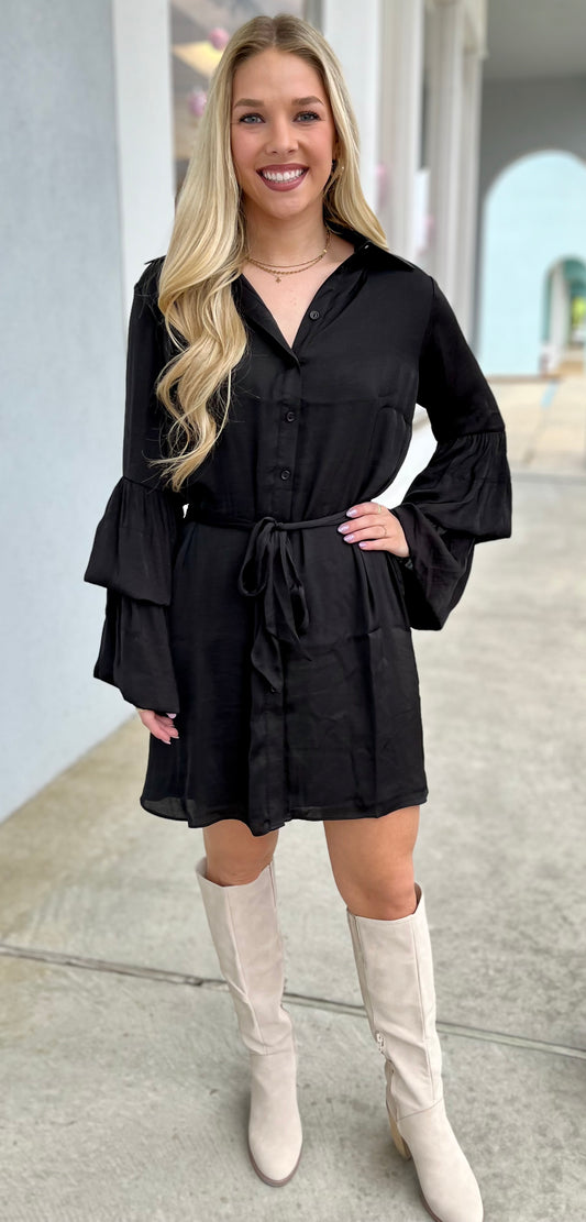 Black Mini Shirt Dress With Bell Sleeves