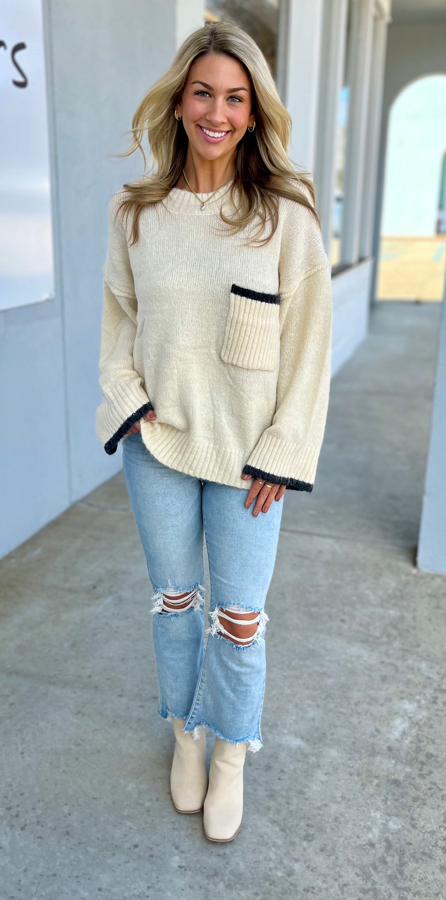 Cream Soft Color Crew Neck Oversized Knit Sweater