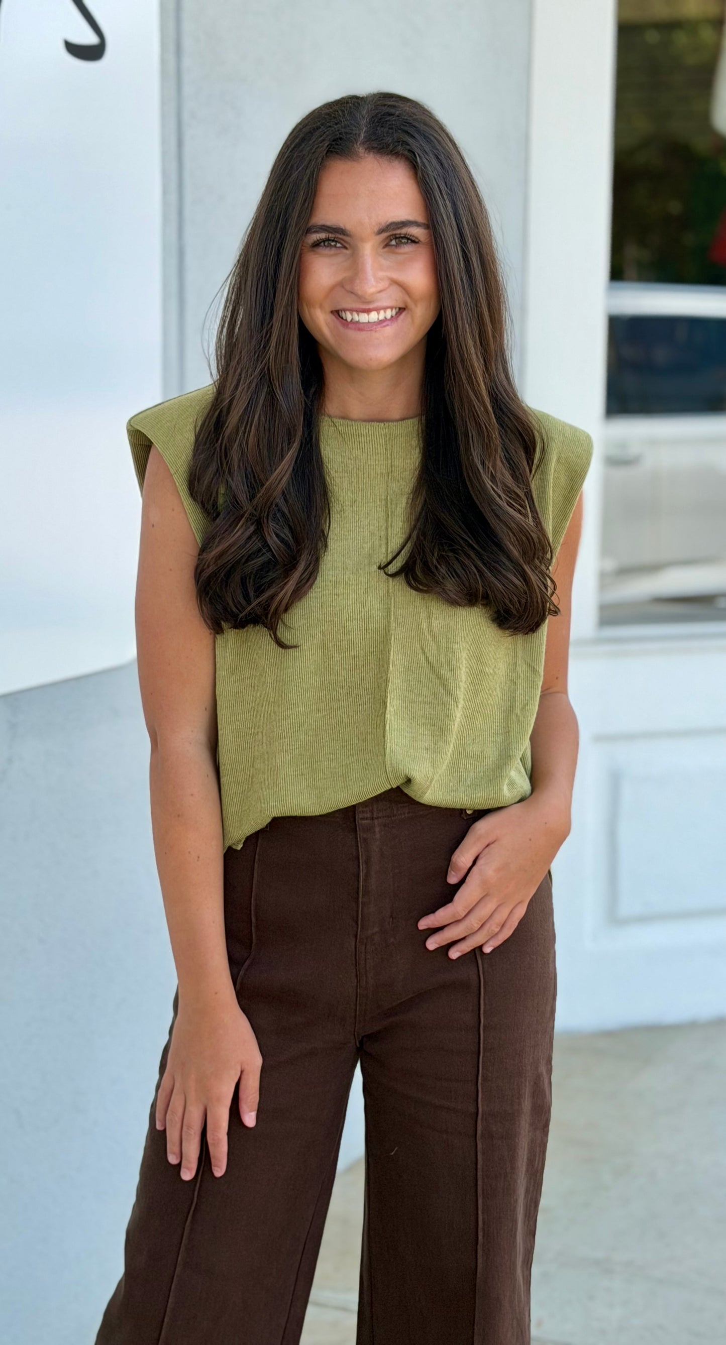 Top with Light Padded Shoulders , Light Olive