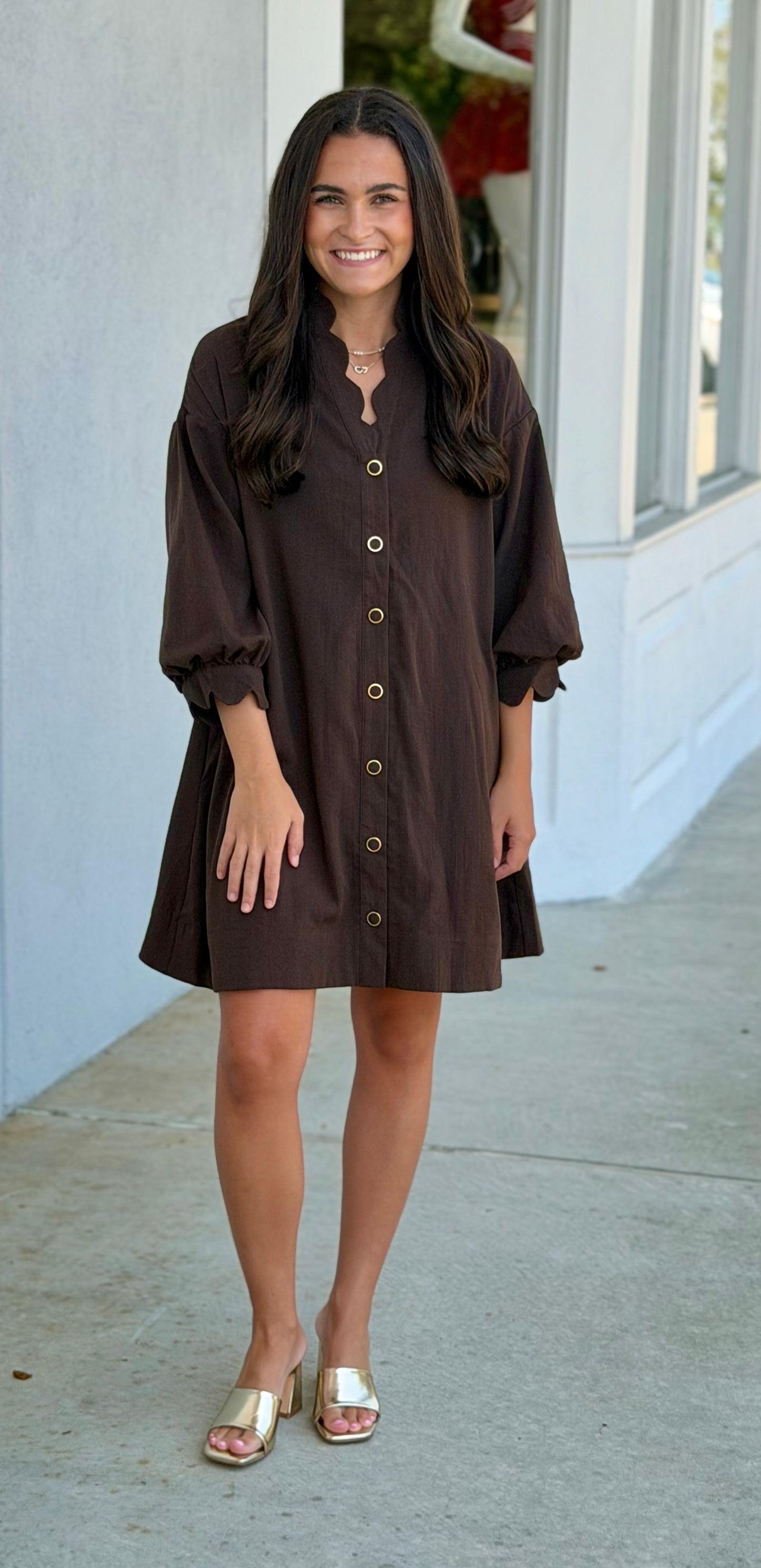 Brown Scalloped Hem Gold Button Dress