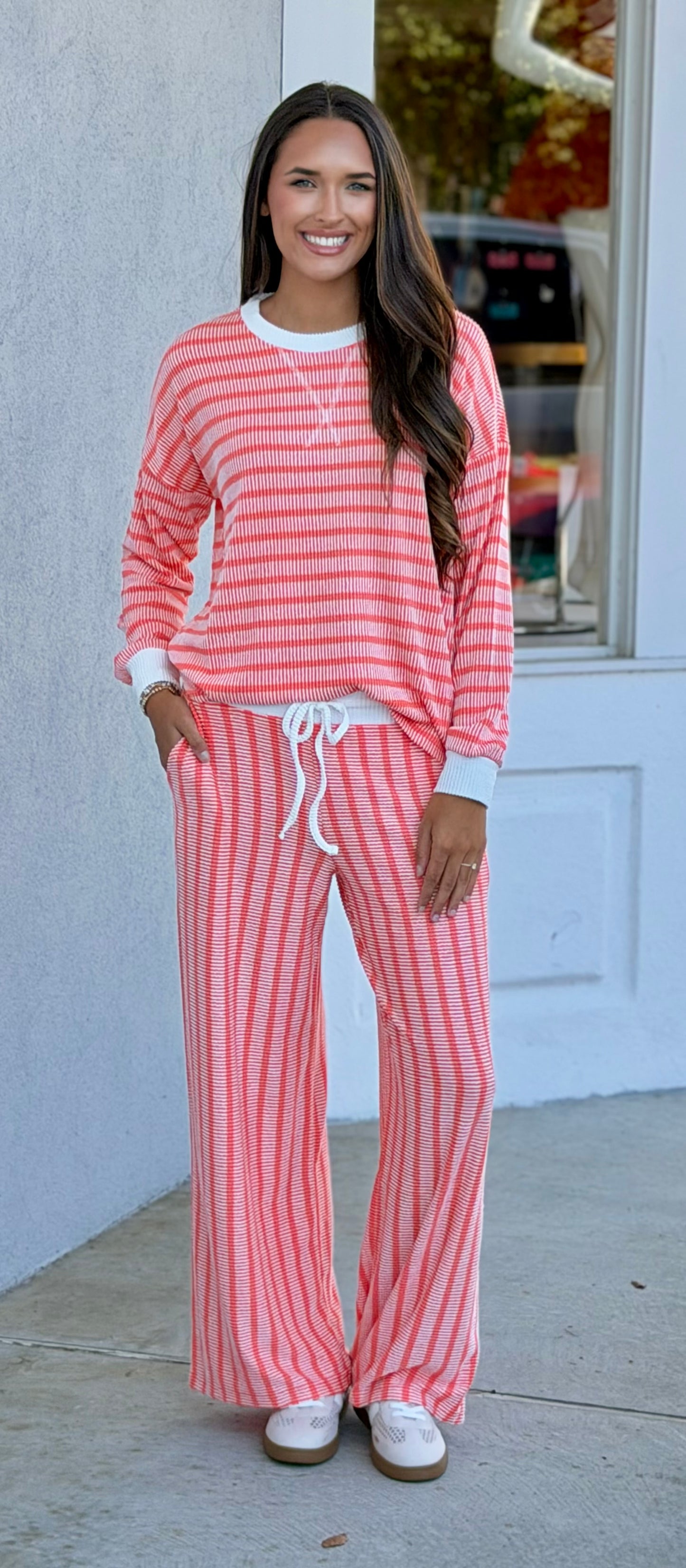 Raised Rib Striped Pullover & Pants SET, Coral