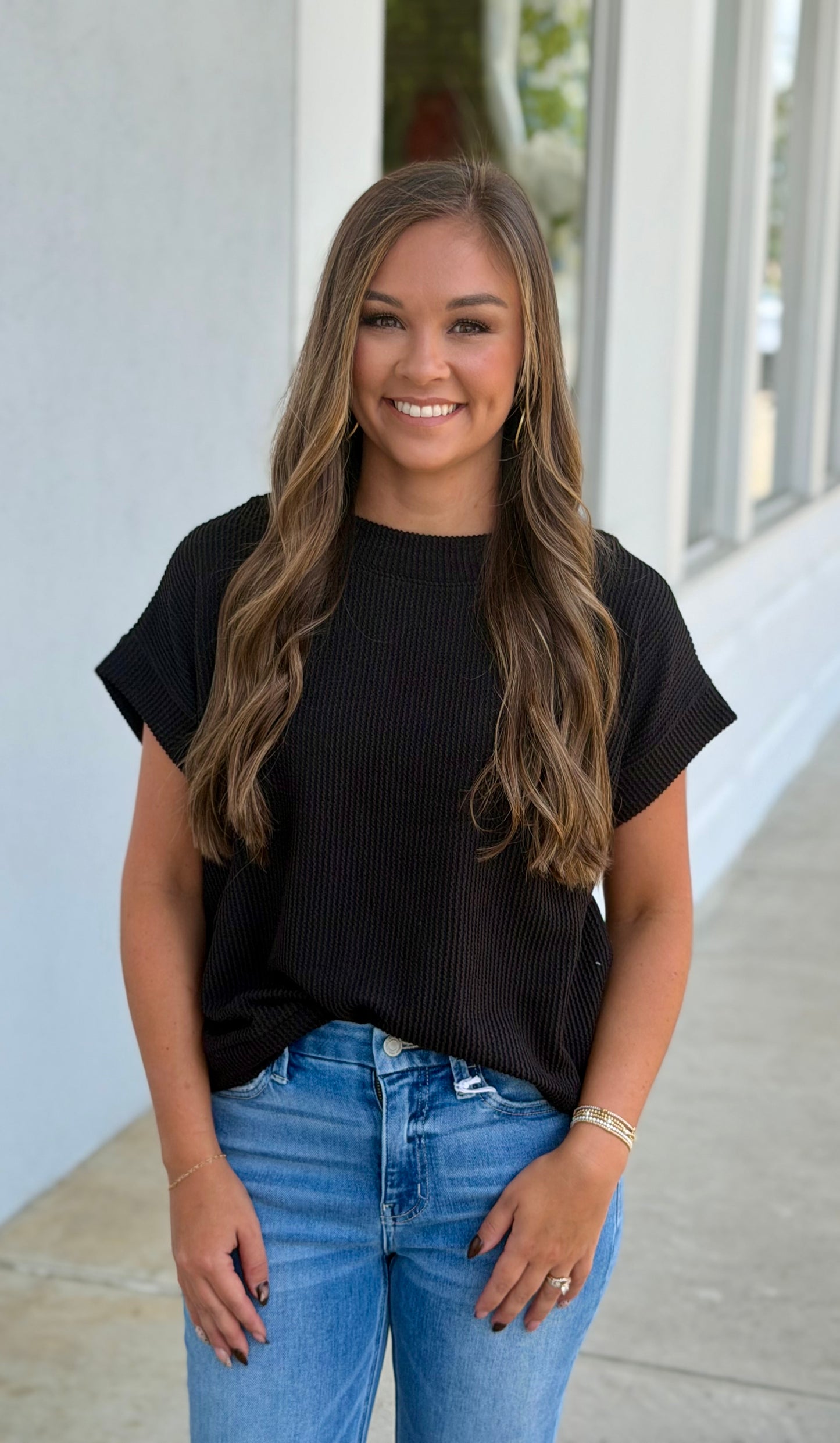 Raised Rib Cap Sleeve Top, Black