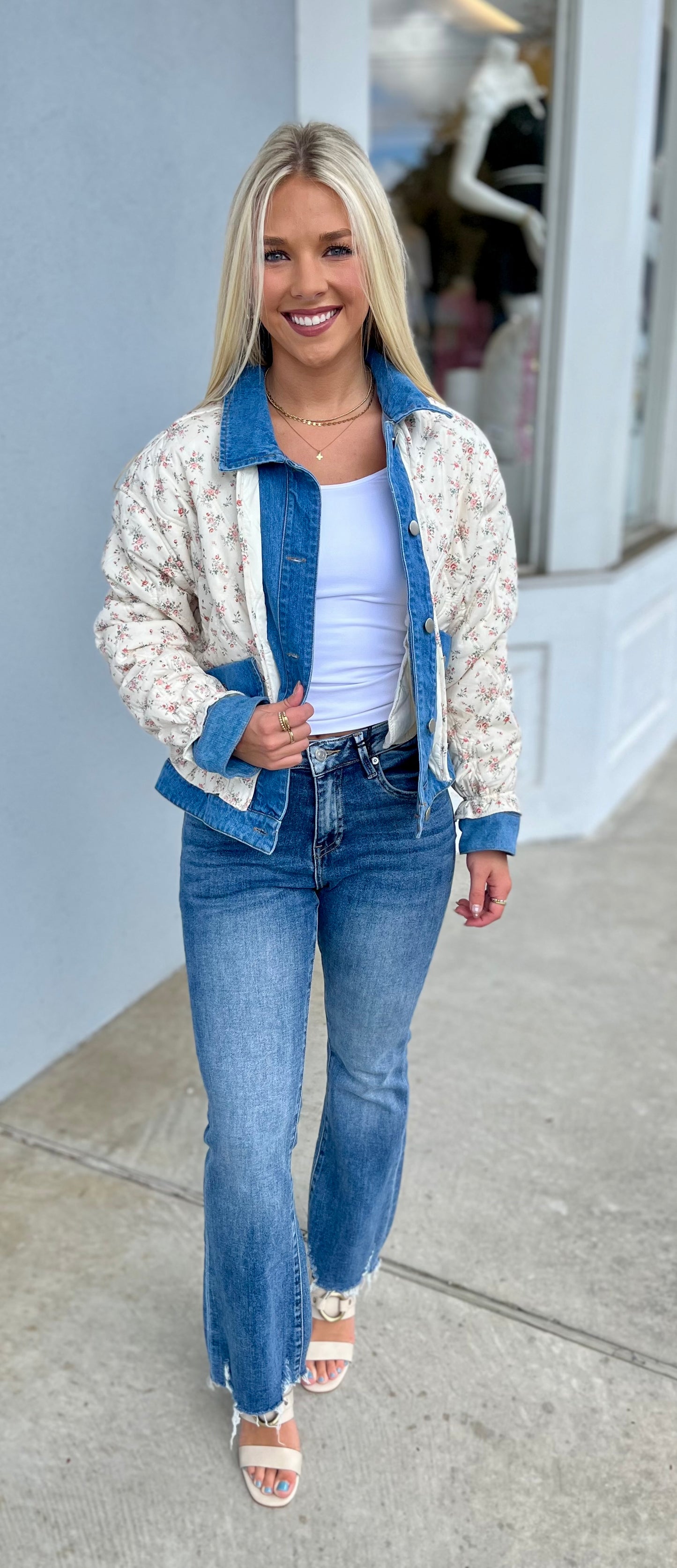 Denim Floral Printed Button Down Jacket